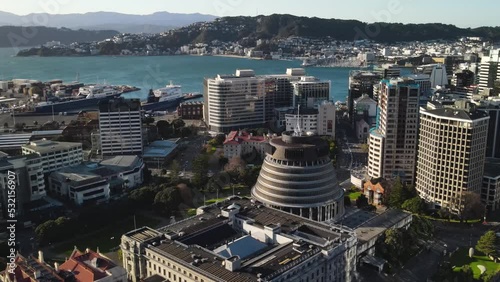 Spectacular aerial shot of Beehive, New Zealand Parliament building in the capital city of Wellington. Coastal cityscape photo