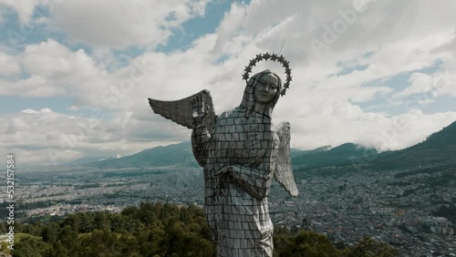 Iconic Statue Of Virgin Mary On El Panecillo Hilltop With Quito City At Background In Ecuador. Aerial, Closeup