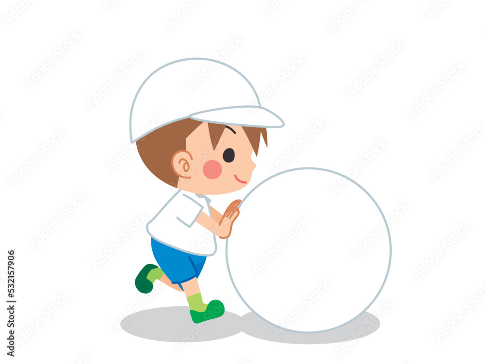大玉ころがしをして走る可愛い小さな男の子のイラスト　白背景　人物　運動会　全身　ベクター