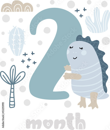 2 two months Baby boy anniversary card metrics. Baby shower print with cute animal dino, flowers and palm capturing all special moments. Baby milestone card for newborn