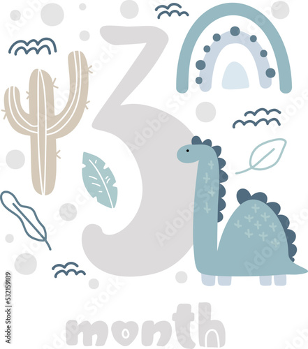 3 three months Baby boy anniversary card metrics. Baby shower print with cute animal dino, flowers and palm capturing all special moments. Baby milestone card for newborn
