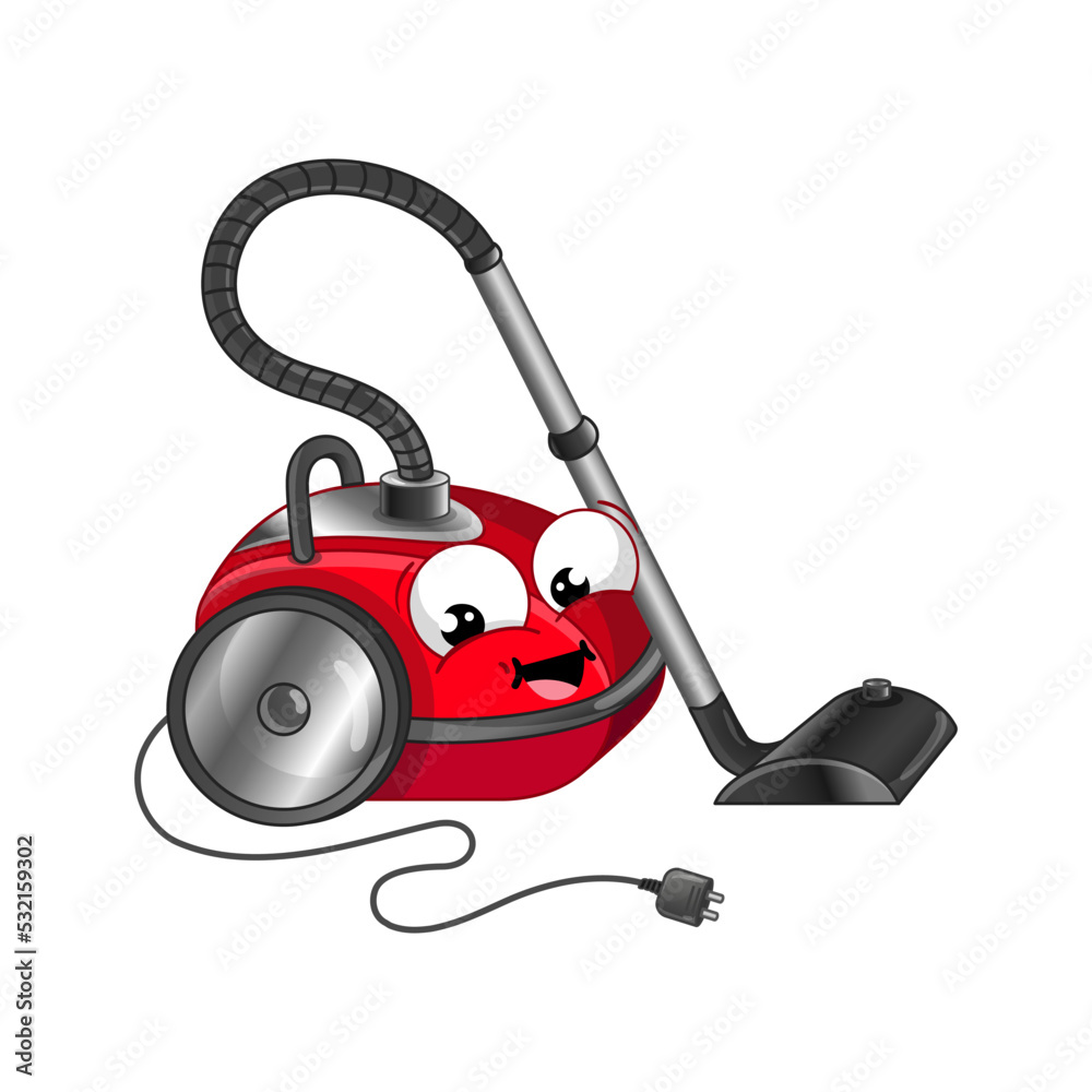 Funny vacuum cleaner isolated cartoon character. Household appliance