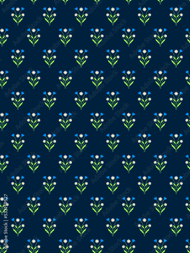 Pretty Ditsy floral pattern with field white daisies and bluebells on a dark blue background Vintage design fabric print Pretty Ditsy floral pattern with field white daisies and bluebells on a dark blue background Vintage design fabric print