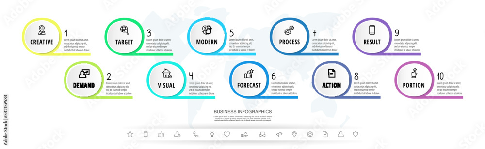 Modern infographics vector template. Business data visualization. White process chart. Simple design with 10 circles, steps, options, parts or processes.