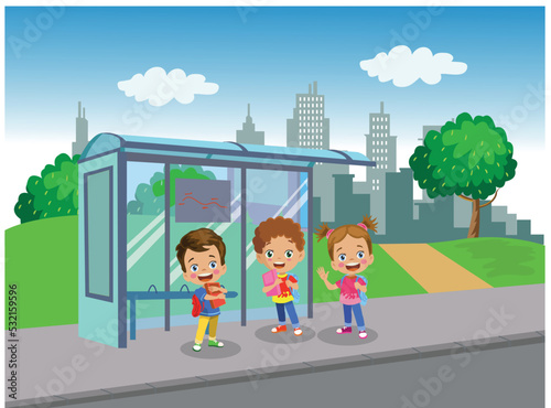 Happy Students Waiting For The Bus At The Bus Stop To Go To School