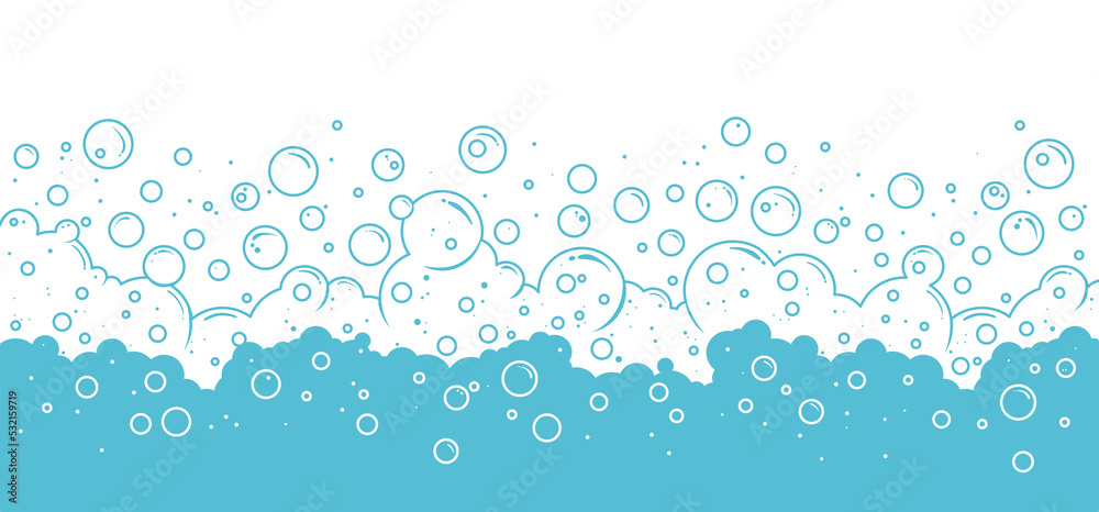 Soap bubbles vector background, foam frame, blue water pattern, cartoon transparent suds. Abstract illustration - obrazy, fototapety, plakaty 