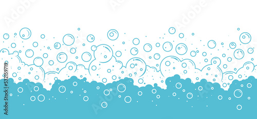 Soap bubbles vector background, foam frame, blue water pattern, cartoon transparent suds. Abstract illustration