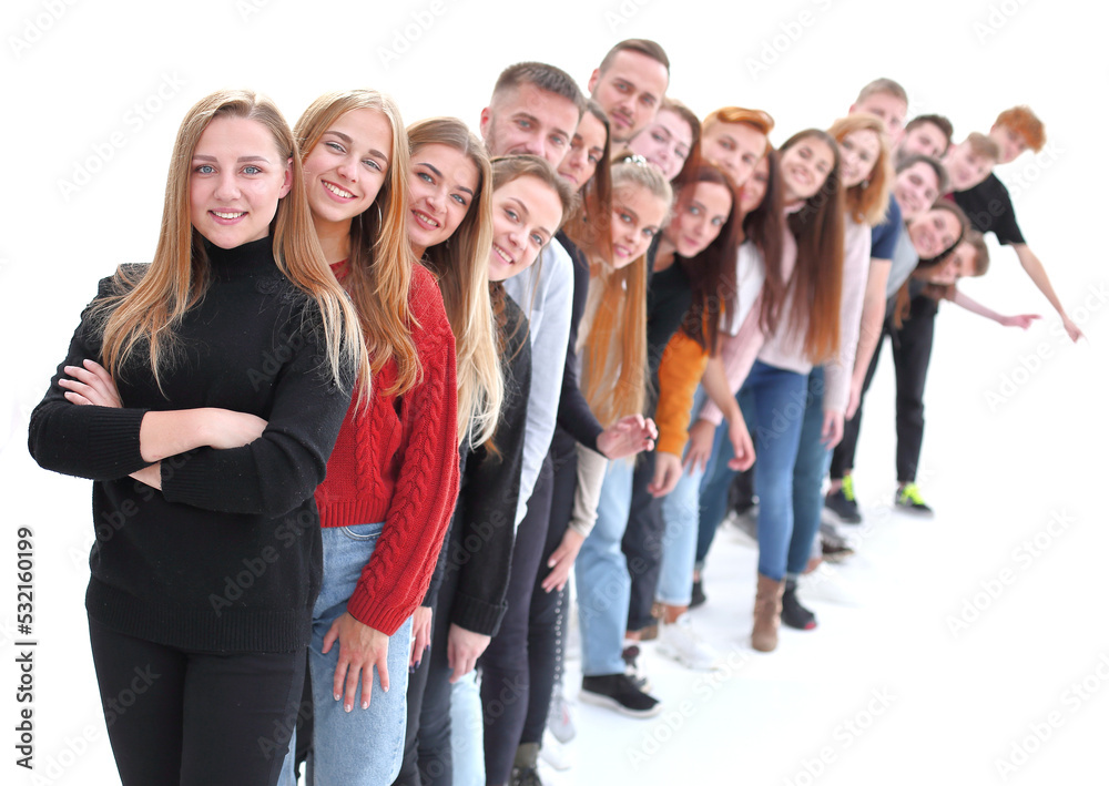 group of cheerful young people standing behind each other