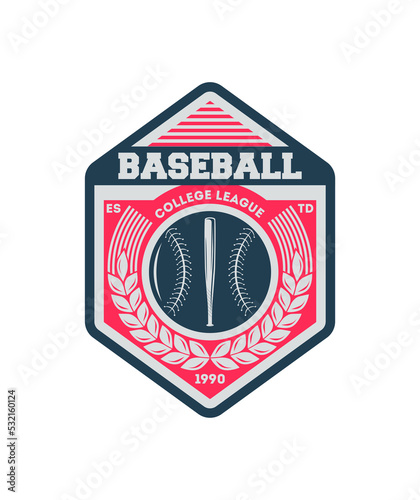 Baseball college society vintage isolated label. Sport competition symbol, athletic camp sign, team game vector illustration.