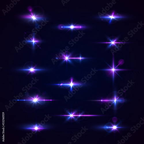 Purple lights star, sun rays, violet sparks sparkle. Blue glow star burst flare explosion light effect. Bright glitter glare bokeh. Set of transparent light streak and lens flares. Neon flare. Vector