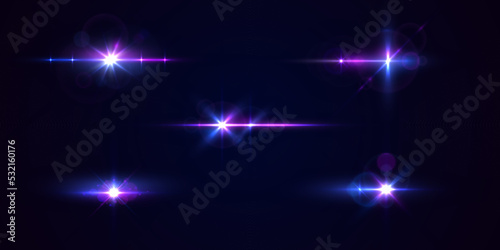 Purple lights star, sun rays, violet sparks sparkle. Blue glow star burst flare explosion light effect. Bright glitter glare bokeh. Set of transparent light streak and lens flares. Neon flare. Vector