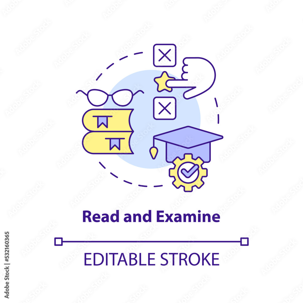 Read and examine concept icon. Analyzing facts and theory. Structure of case study abstract idea thin line illustration. Isolated outline drawing. Editable stroke. Arial, Myriad Pro-Bold fonts used