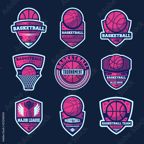 Basketball league isolated label set. Basketball tournament sign, college championship symbol, sport society icon, athletic camp logo. Basketball team badge collection vector illustration