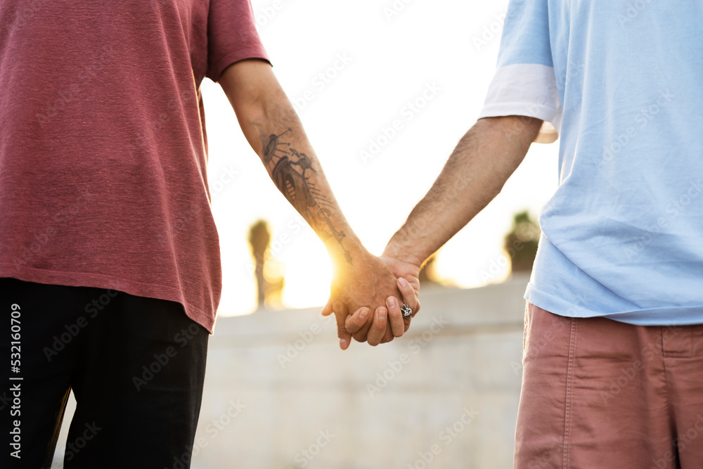 Gay couple walking together. Two man holding hands at the street. Stock ...