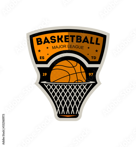 Basketball major sporty league vintage isolated label. Basketball team badge, sport competition symbol, athletic camp logo vector illustration.
