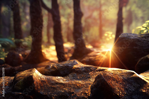 Computer generated illustration of a forest floor in spring with tree trunks in the background, moss and rocks and amber spring sunlight shining through. A.I. generated art.