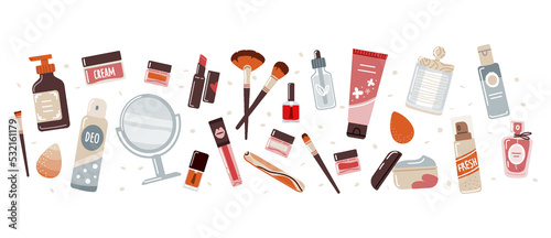 Makeup products and decorative cosmetics on white background.Flat lay vector