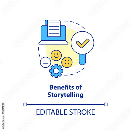 Benefits of storytelling concept icon. Communication way. How to use case studies abstract idea thin line illustration. Isolated outline drawing. Editable stroke. Arial, Myriad Pro-Bold fonts used