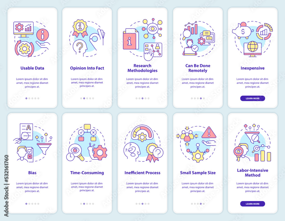 Pros and cons of case study onboarding mobile app screen set. Walkthrough 5 steps editable graphic instructions with linear concepts. UI, UX, GUI template. Myriad Pro-Bold, Regular fonts used