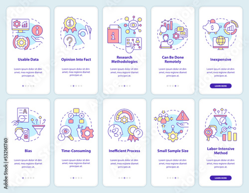 Pros and cons of case study onboarding mobile app screen set. Walkthrough 5 steps editable graphic instructions with linear concepts. UI, UX, GUI template. Myriad Pro-Bold, Regular fonts used