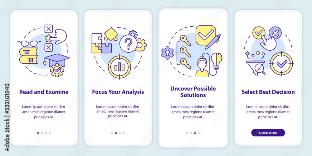 Structure of case study onboarding mobile app screen. Research walkthrough 4 steps editable graphic instructions with linear concepts. UI, UX, GUI template. Myriad Pro-Bold, Regular fonts used