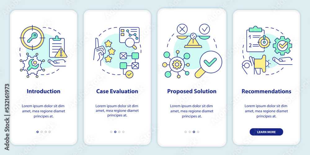 Case drafting onboarding mobile app screen. Studying plan walkthrough 4 steps editable graphic instructions with linear concepts. UI, UX, GUI template. Myriad Pro-Bold, Regular fonts used