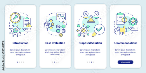 Case drafting onboarding mobile app screen. Studying plan walkthrough 4 steps editable graphic instructions with linear concepts. UI, UX, GUI template. Myriad Pro-Bold, Regular fonts used