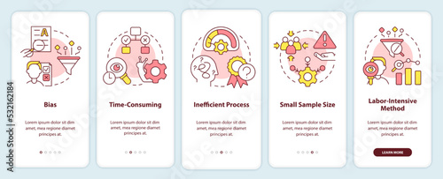 Disadvantages of case study onboarding mobile app screen. Issues walkthrough 5 steps editable graphic instructions with linear concepts. UI, UX, GUI template. Myriad Pro-Bold, Regular fonts used