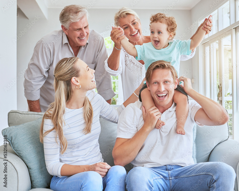 Children, family and baby with grandparents, a child and his parents during a visit while sitting on a sofa in a living room. Kids, happy and smile with a senior man and woman at home with relatives Children, family and baby with grandparents, a child and his parents during a visit while sitting on a sofa in a living room. Kids, happy and smile with a senior man and woman at home with relatives