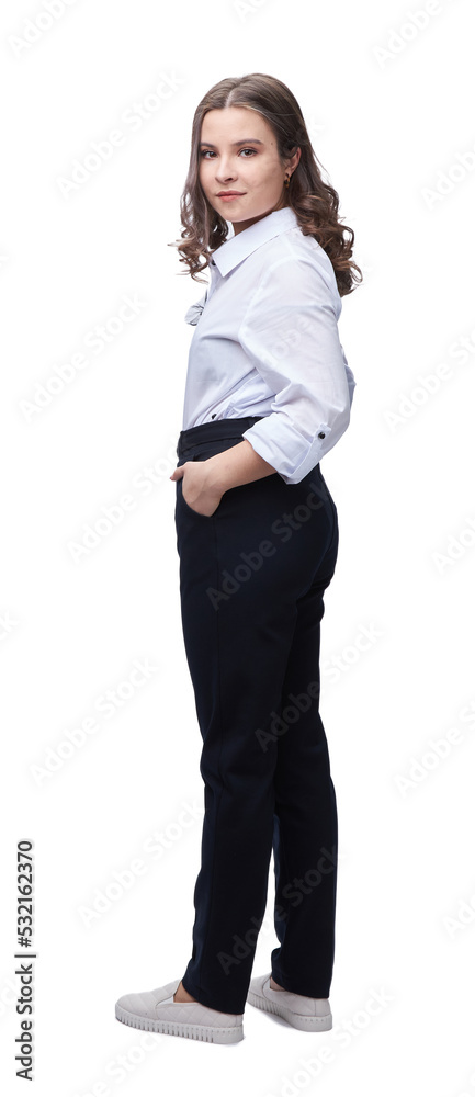 office worker young lady in full-length trousers and white blouse, isolate office worker young lady in full-length trousers and white blouse, isolate