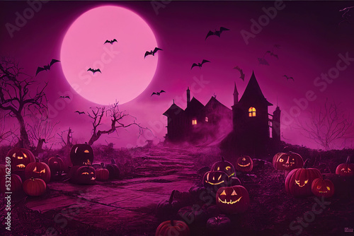 halloween background with pumpkin  moody purple night with the moon and bats  3d render  3d illustration