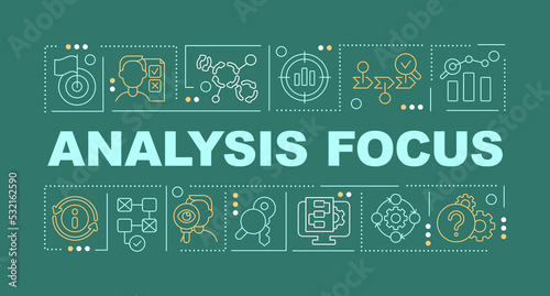 Analysis focus word concepts dark green banner. Case study. Infographics with editable icons on color background. Isolated typography. Vector illustration with text. Arial-Black font used