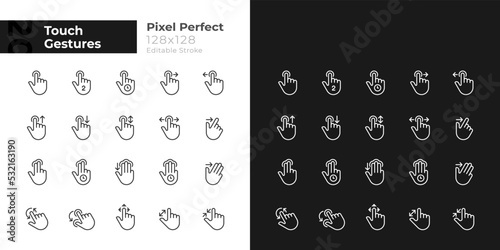 Touch gestures pixel perfect linear icons set for dark, light mode. Touchscreen. Thin line symbols for night, day theme. Isolated illustrations. Editable stroke. Montserrat Bold, Light fonts used