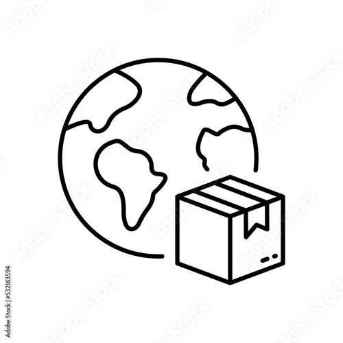 World Wide Delivery Parcel Box and Globe Line Icon. International Shipping Industry Linear Pictogram. Global Worldwide Import Export Retail Outline Icon. Editable Stroke. Isolated Vector Illustration