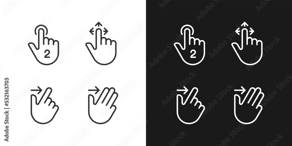 Drag and swipe gestures pixel perfect linear icons set for dark, light mode. Touchscreen interaction. Digital device. Thin line symbols for night, day theme. Isolated illustrations. Editable stroke Drag and swipe gestures pixel perfect linear icons set for dark, light mode. Touchscreen interaction. Digital device. Thin line symbols for night, day theme. Isolated illustrations. Editable stroke