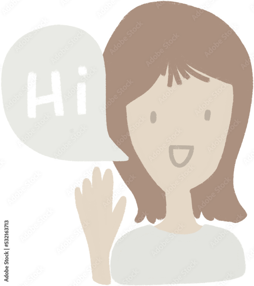 Female cartoon character smiling face, saying Hi clipart. Hand drawn isolated graphic.