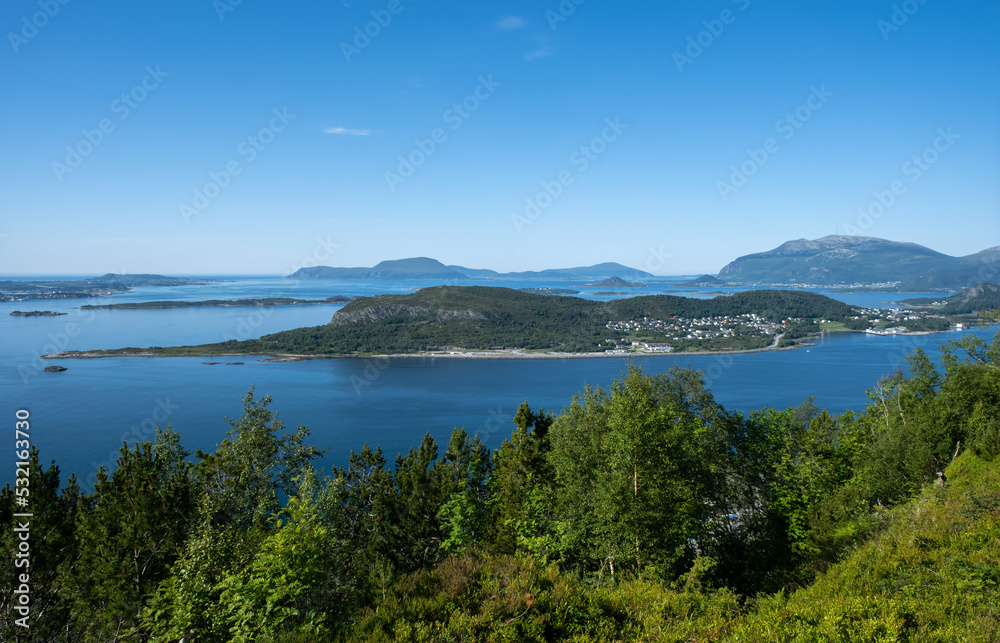 Wonderful landscapes in Norway. Vestland. Beautiful scenery of Alesund town and surroundings. Summer sunny day. Selective focus
