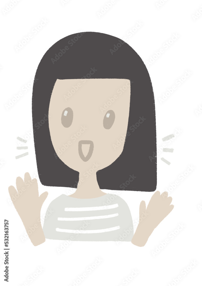 Exited young woman, happy teenage girl cartoon character face clipart. Hand drawn isolated graphic. Exited young woman, happy teenage girl cartoon character face clipart. Hand drawn isolated graphic.