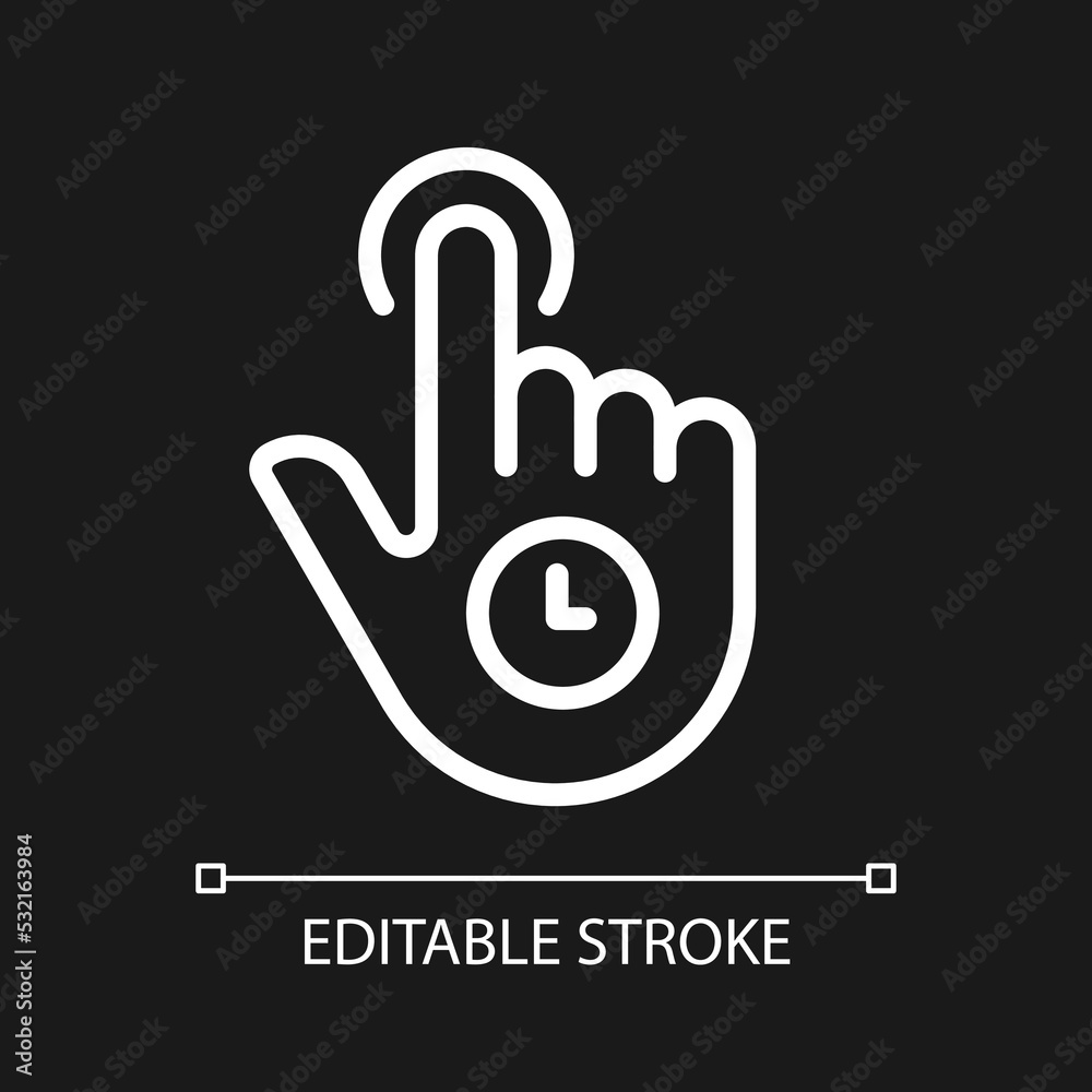 Hold pixel perfect white linear icon for dark theme. Long press. Touchscreen control. Smartphone navigation. Thin line illustration. Isolated symbol for night mode. Editable stroke. Arial font used Hold pixel perfect white linear icon for dark theme. Long press. Touchscreen control. Smartphone navigation. Thin line illustration. Isolated symbol for night mode. Editable stroke. Arial font used