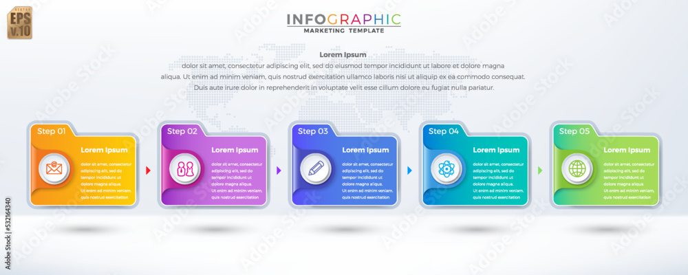 Infographic Business marketing vector design colorful template folder 5 options or steps in minimal style. You can used for Marketing process, workflow presentations layout, flow chart, print ad.