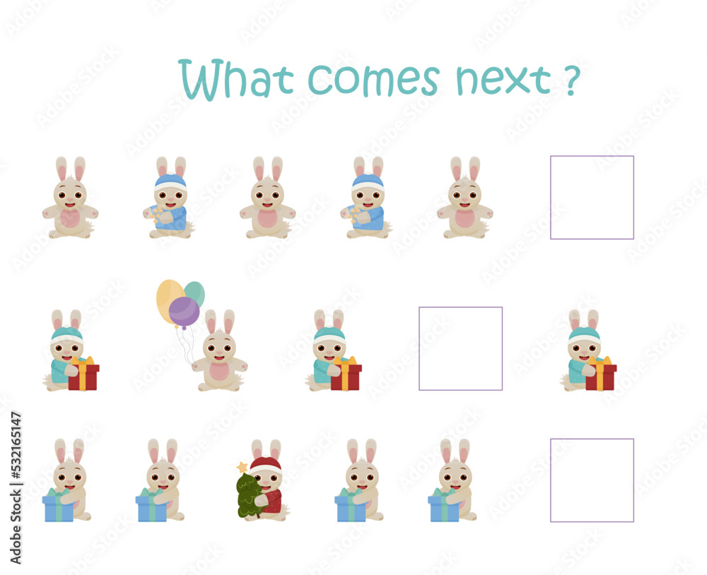 Vector learning game. What will happen next? Cute winter rabbit in the picture. We need to find out who will be next. Educational game for kids. Vector illustration. Simple winter game for kids. Vector learning game. What will happen next? Cute winter rabbit in the picture. We need to find out who will be next. Educational game for kids. Vector illustration. Simple winter game for kids.