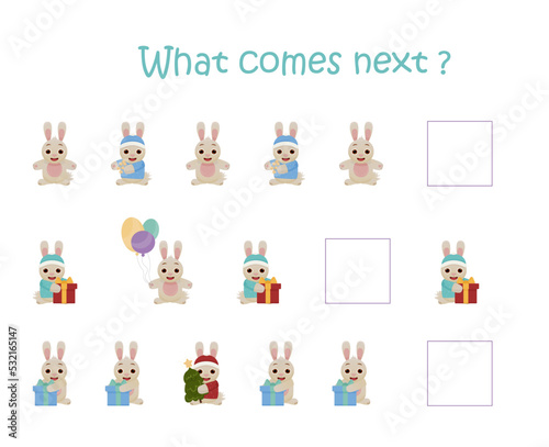 Vector learning game. What will happen next  Cute winter rabbit in the picture. We need to find out who will be next. Educational game for kids.   Vector illustration.  Simple winter game for kids.