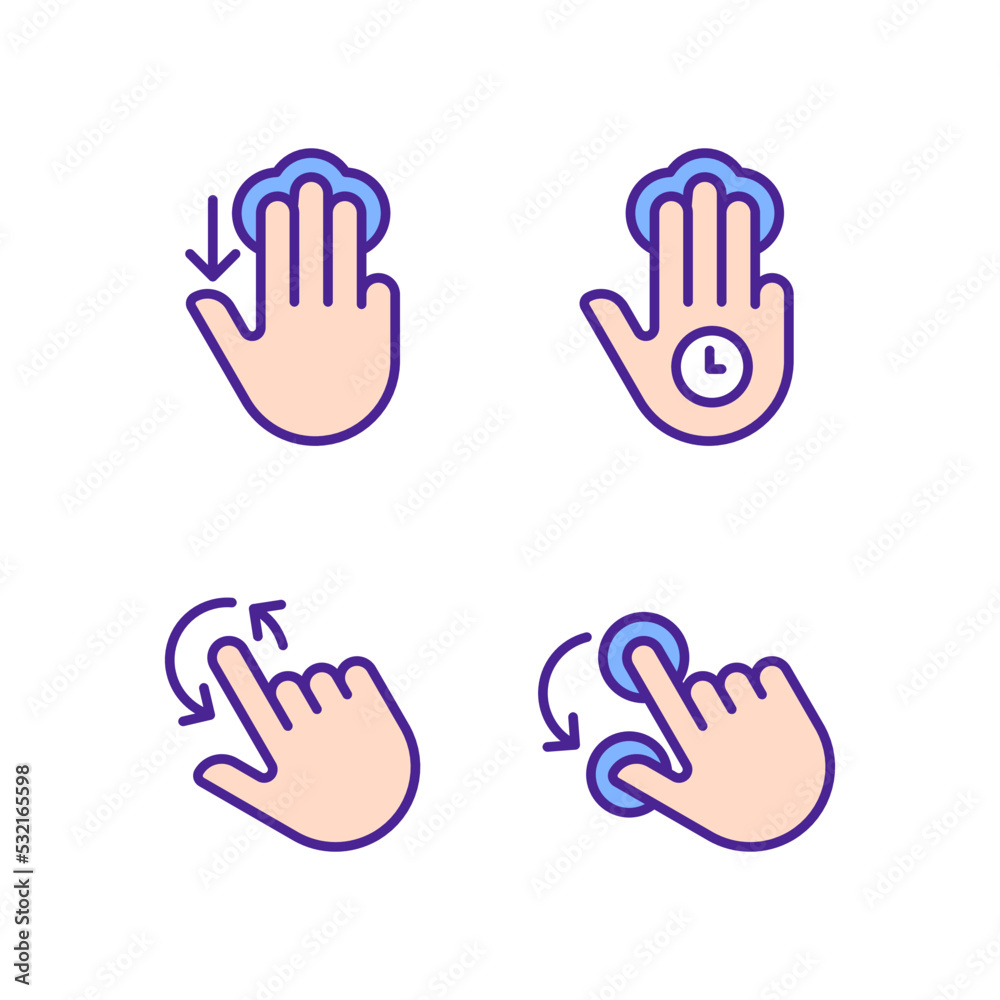 Multi touch control pixel perfect RGB color icons set. Three finger tap and hold. Rotation function. Touchscreen. Isolated vector illustrations. Simple filled line drawings collection. Editable stroke Multi touch control pixel perfect RGB color icons set. Three finger tap and hold. Rotation function. Touchscreen. Isolated vector illustrations. Simple filled line drawings collection. Editable stroke