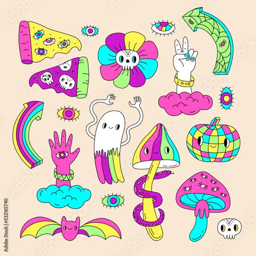 Big set groowy hippie Halloween party 1960s - 1970s. Mushrooms, ghost, chamomile, disco ball, peace sign hand. Print for sticker pack, card and web design
