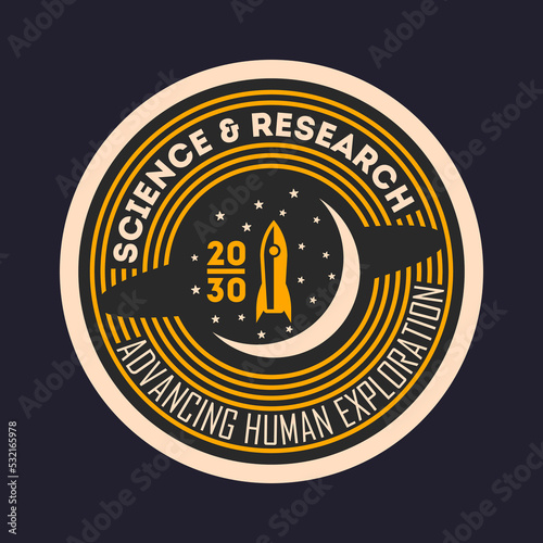 Space mission vintage isolated label. Scientific odyssey symbol, modern spacecraft flying, planet colonization vector illustration.