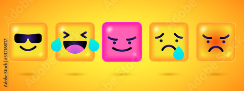 Square Emoticons set. Yellow Emoji faces emoticon smile, digital smiley expression emotion feelings, chat cartoon emotes. Vector illustration icons