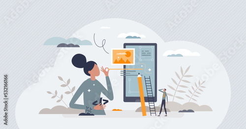 App development and design media placement in website tiny person concept. Application creation with text block and picture layout for responsive and intuitive online experience vector illustration.