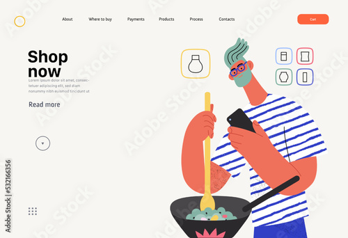 Shop now - Online shopping and electronic commerce web template - modern flat vector concept illustration of a man cooking in pan and shopping. Promotion, discounts, sale and online orders concept