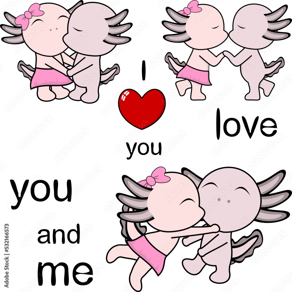 lovely cute couple axolotl kissing cartoon love valentine set in vector format lovely cute couple axolotl kissing cartoon love valentine set in vector format