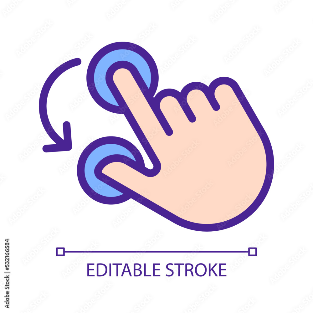 Obraz premium Double finger rotation pixel perfect RGB color icon. Hold and spin with two fingers. Touchscreen control gesture. Silhouette symbol on white space. Solid pictogram. Vector isolated illustration